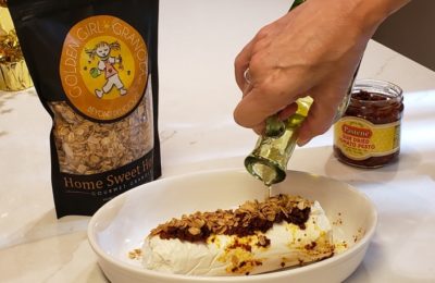Baked goat cheese with Home Sweet Honey granola bag