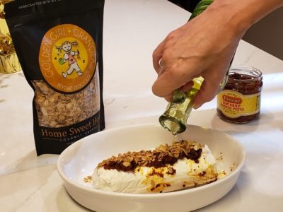 Baked goat cheese with Home Sweet Honey granola bag