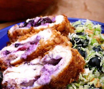 Granola-crusted chicken with blueberry slaw.