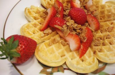 Waffles with strawberry topping