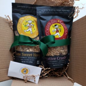 Gift ribbon and custom card with granola in a box