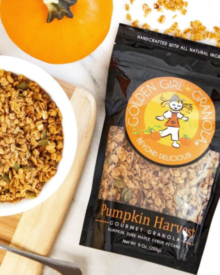 Pumpkin Harvest granola in bowl with bag