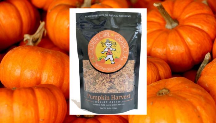 Pumpkin Harvest granola with pumpkins background