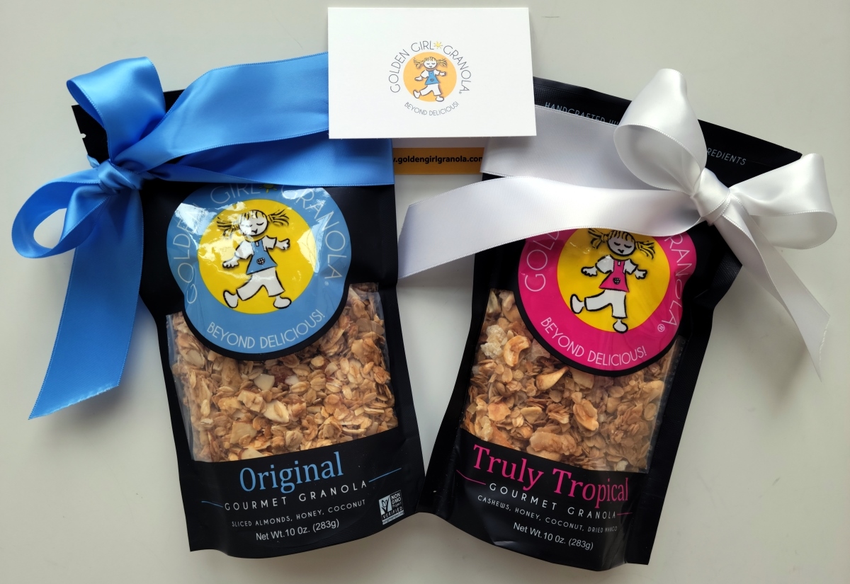 Original and Truly Tropical granola with ribbon and card