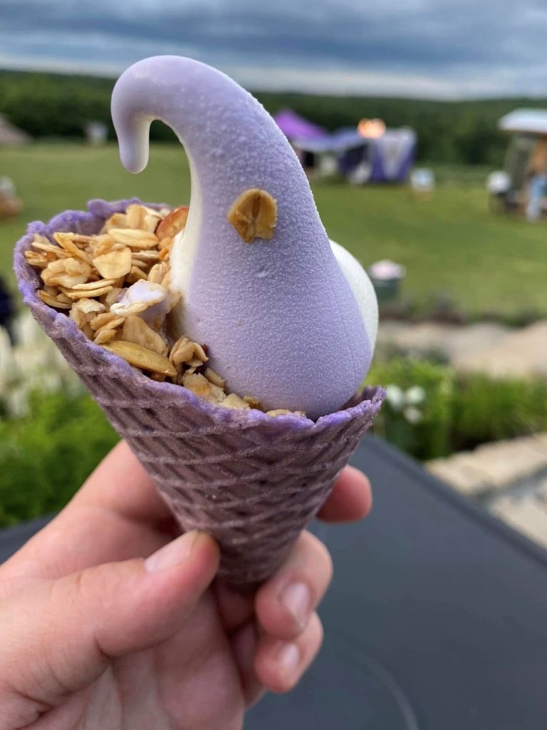 Lavender ice cream with Lavender and Lemon Granola topping.
