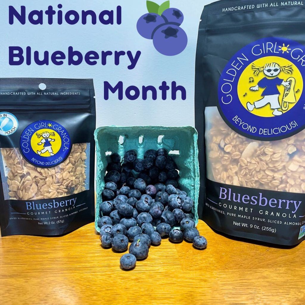 Bluesberry granola bags with blueberries.