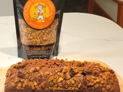 Pumpkin tea loaf with Pumpkin Harvest granola bag.