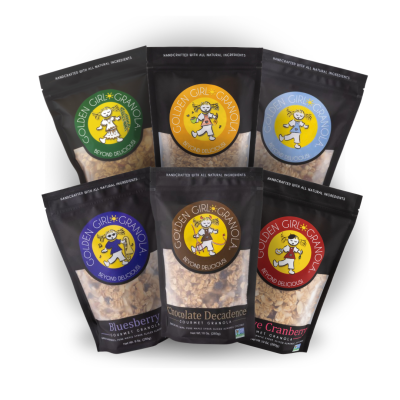 Single bags of Forest Maple, Home Sweet Honey, Original, Bluesberry, Chocolate Decadence, and Cranberry Granola grouped together